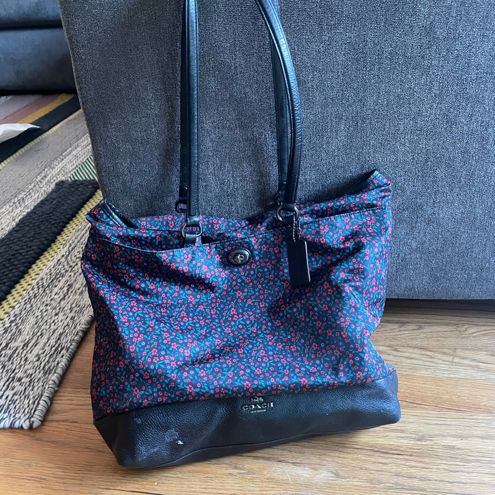 Coach Black and Red Floral Tote Bag